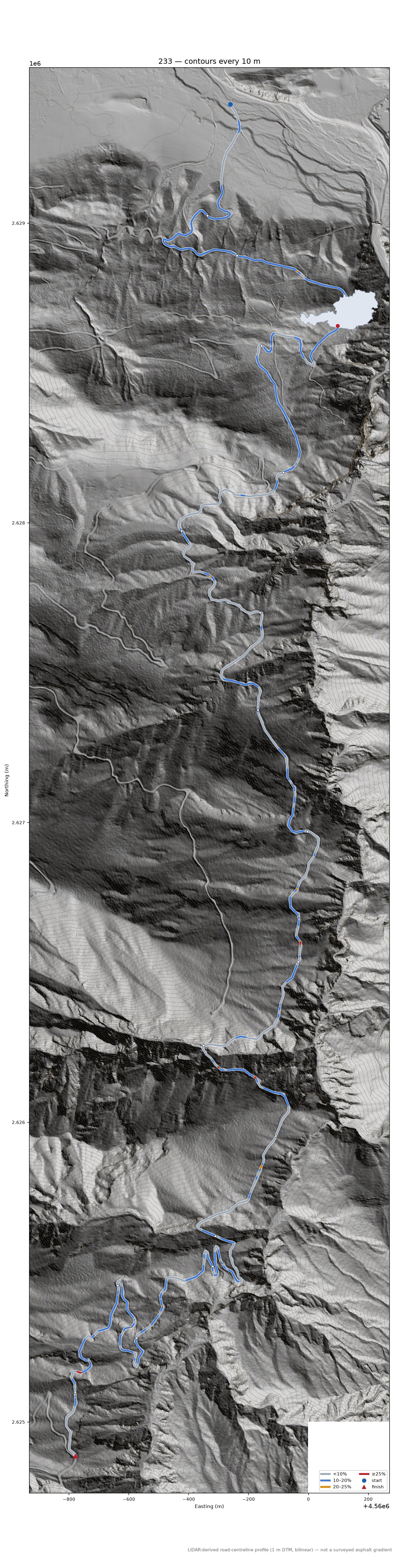 Discovered lane (46.7267, 13.1264) LiDAR hillshade map with contours