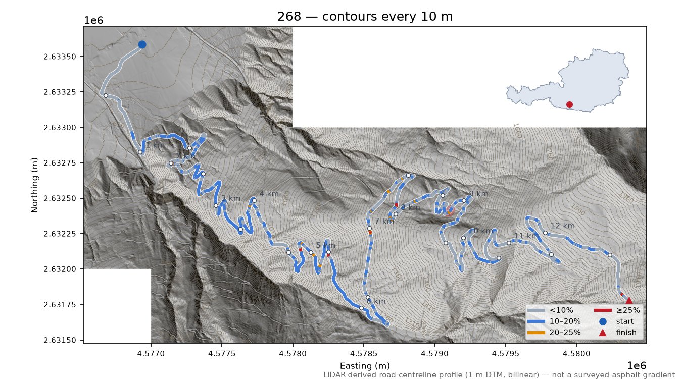 Discovered lane (46.7522, 13.3762) LiDAR hillshade map with contours