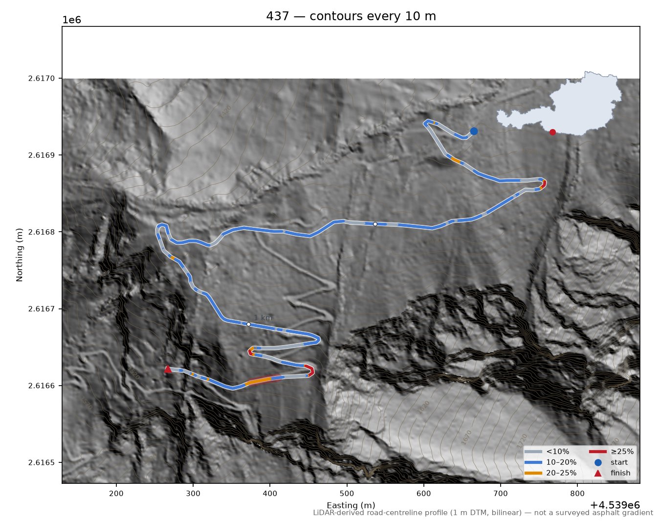 Discovered lane (46.6251, 12.8495) LiDAR hillshade map with contours