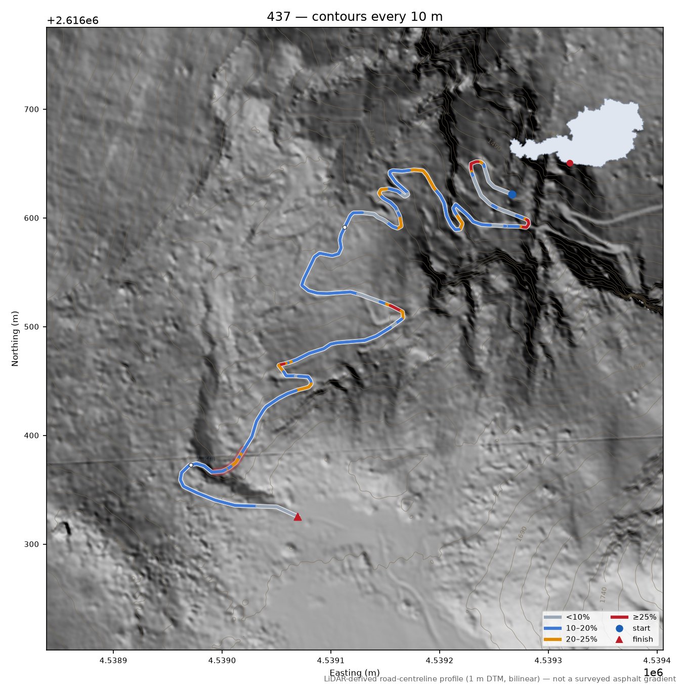 Discovered lane (46.6231, 12.8444) LiDAR hillshade map with contours