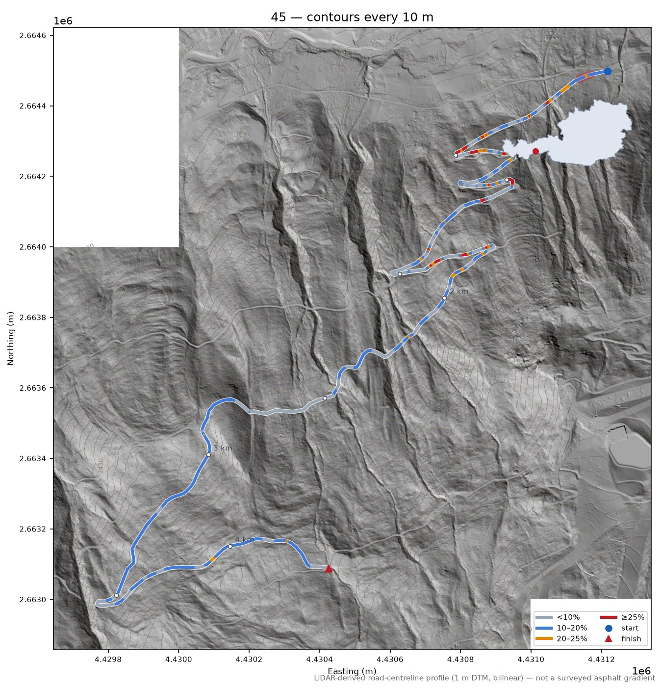 45 LiDAR hillshade map with contours