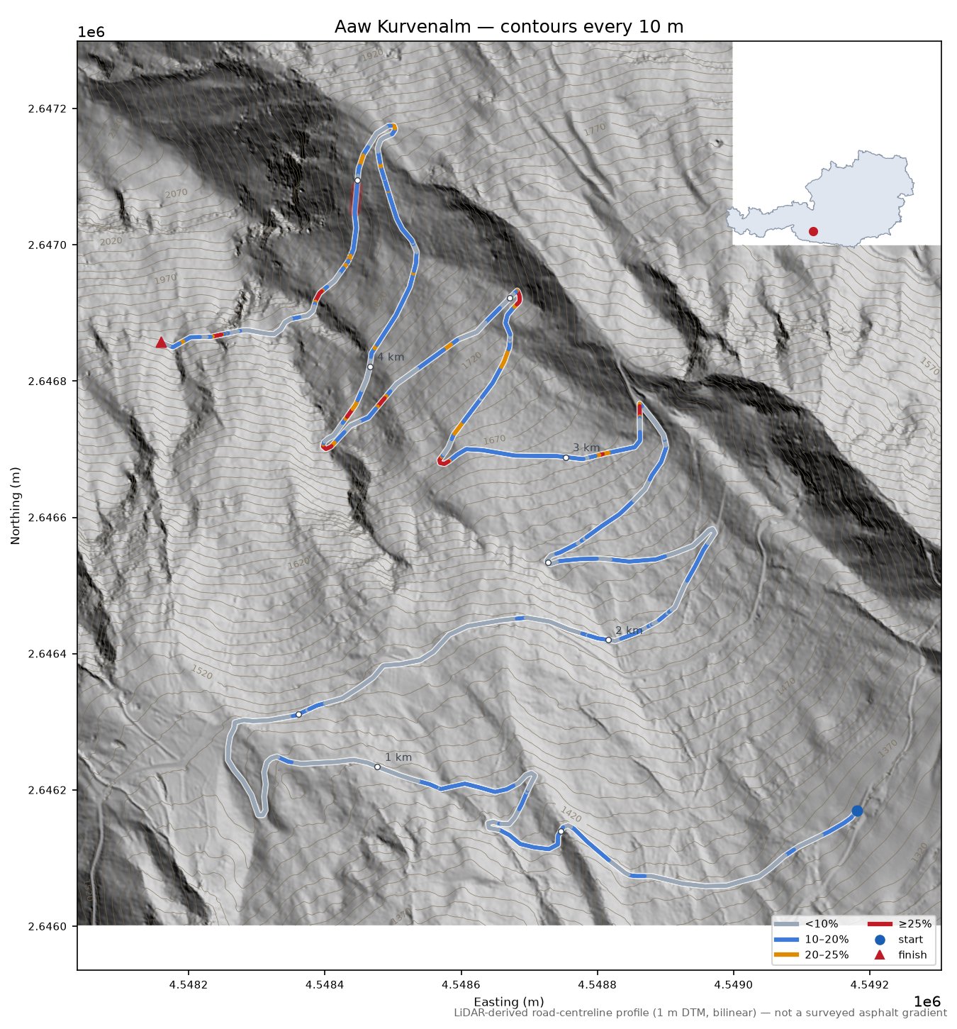 Aaw Kurvenalm LiDAR hillshade map with contours