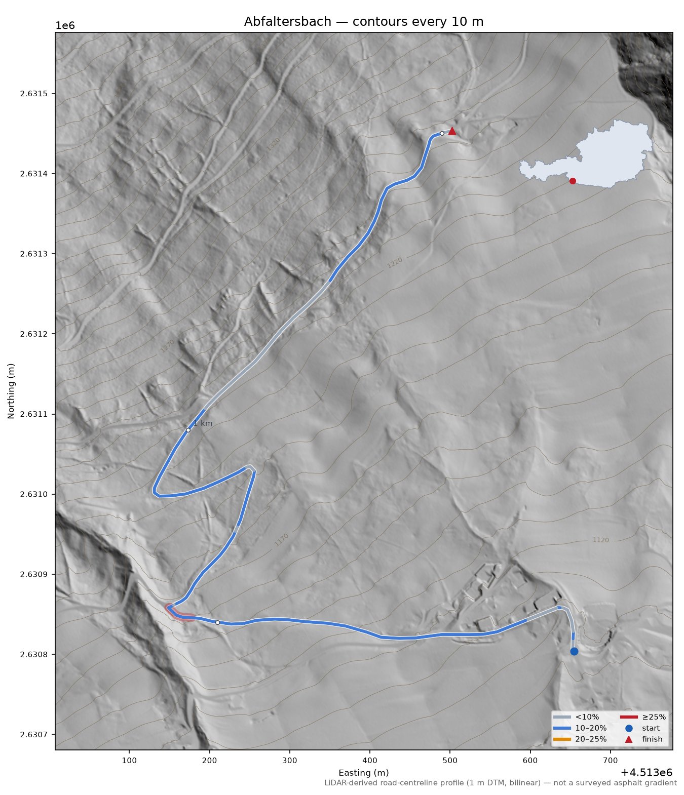 Abfaltersbach LiDAR hillshade map with contours