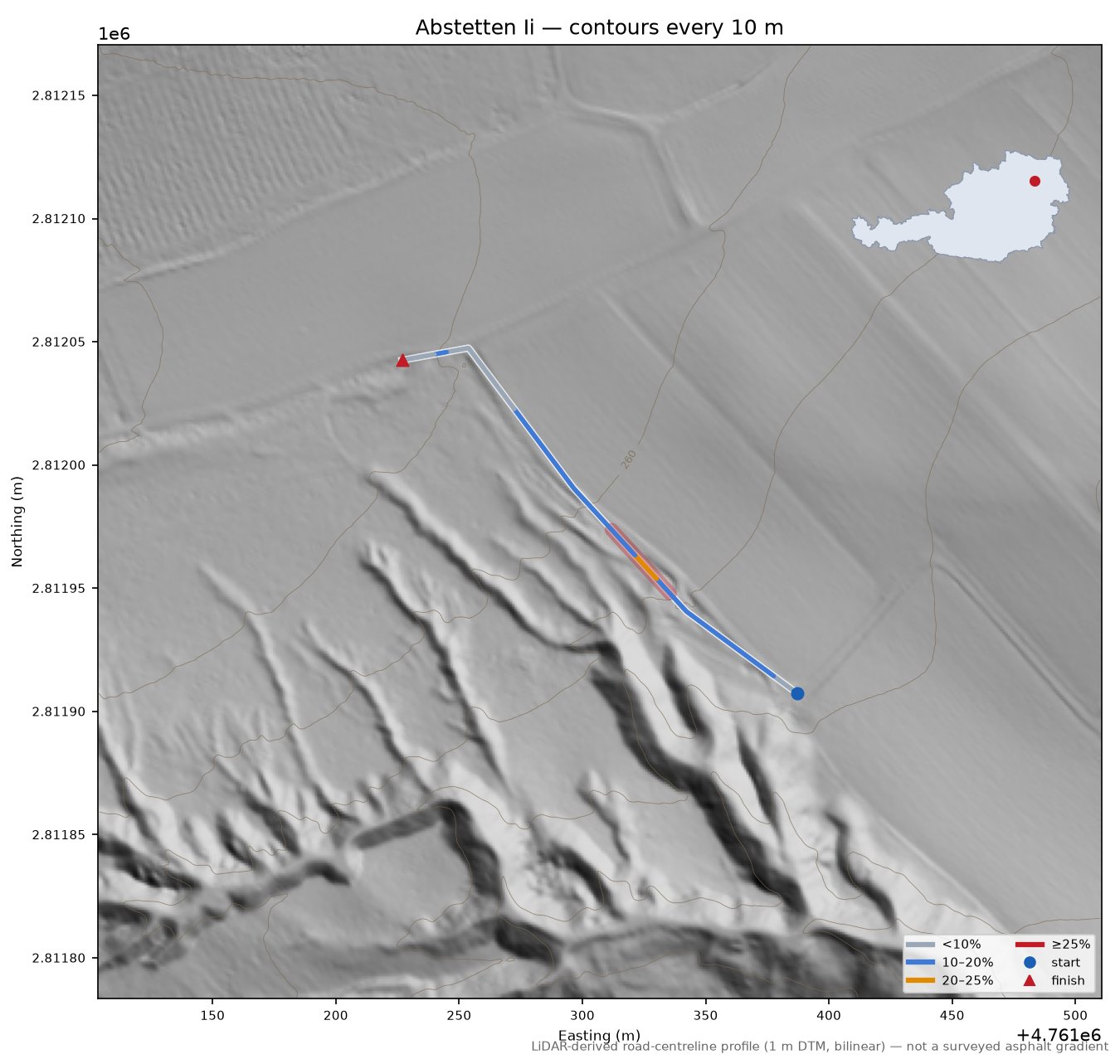 Abstetten Ii LiDAR hillshade map with contours