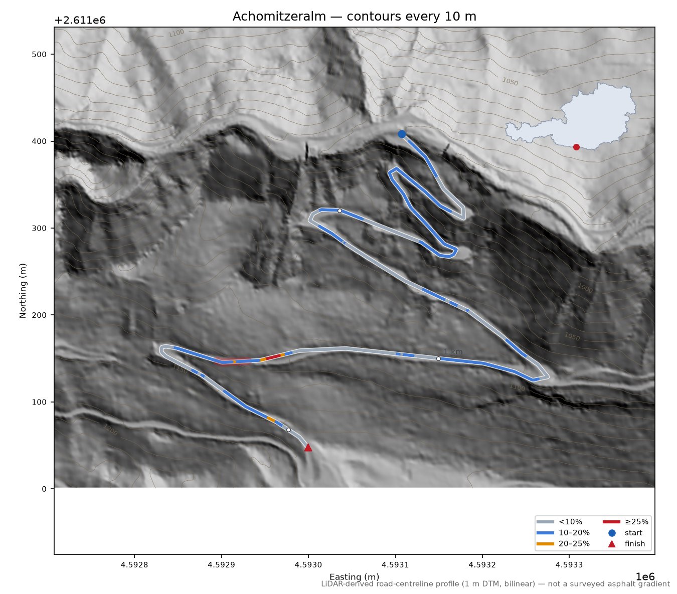 Achomitzeralm LiDAR hillshade map with contours