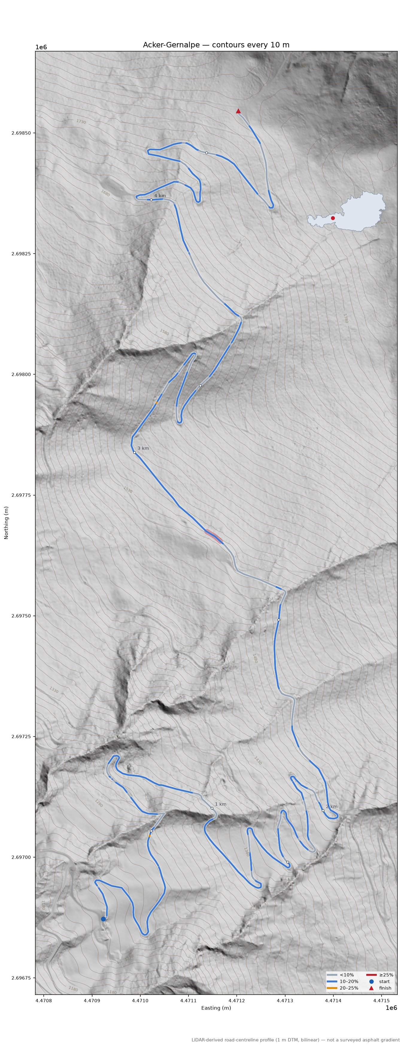 Acker-Gernalpe LiDAR hillshade map with contours