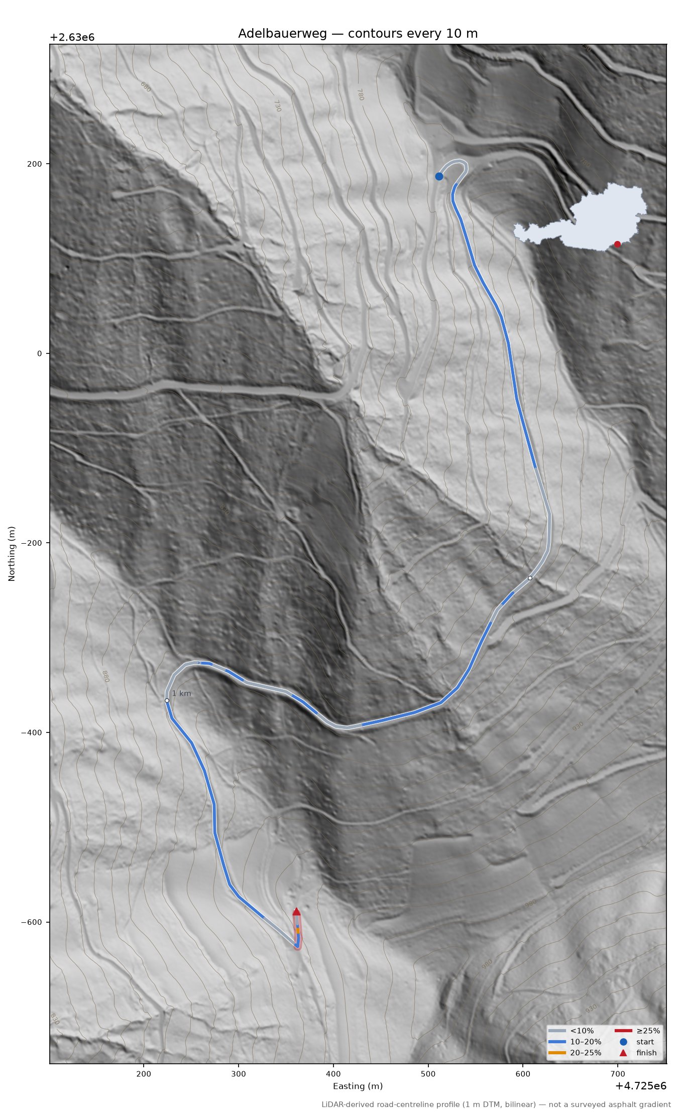 Adelbauerweg LiDAR hillshade map with contours