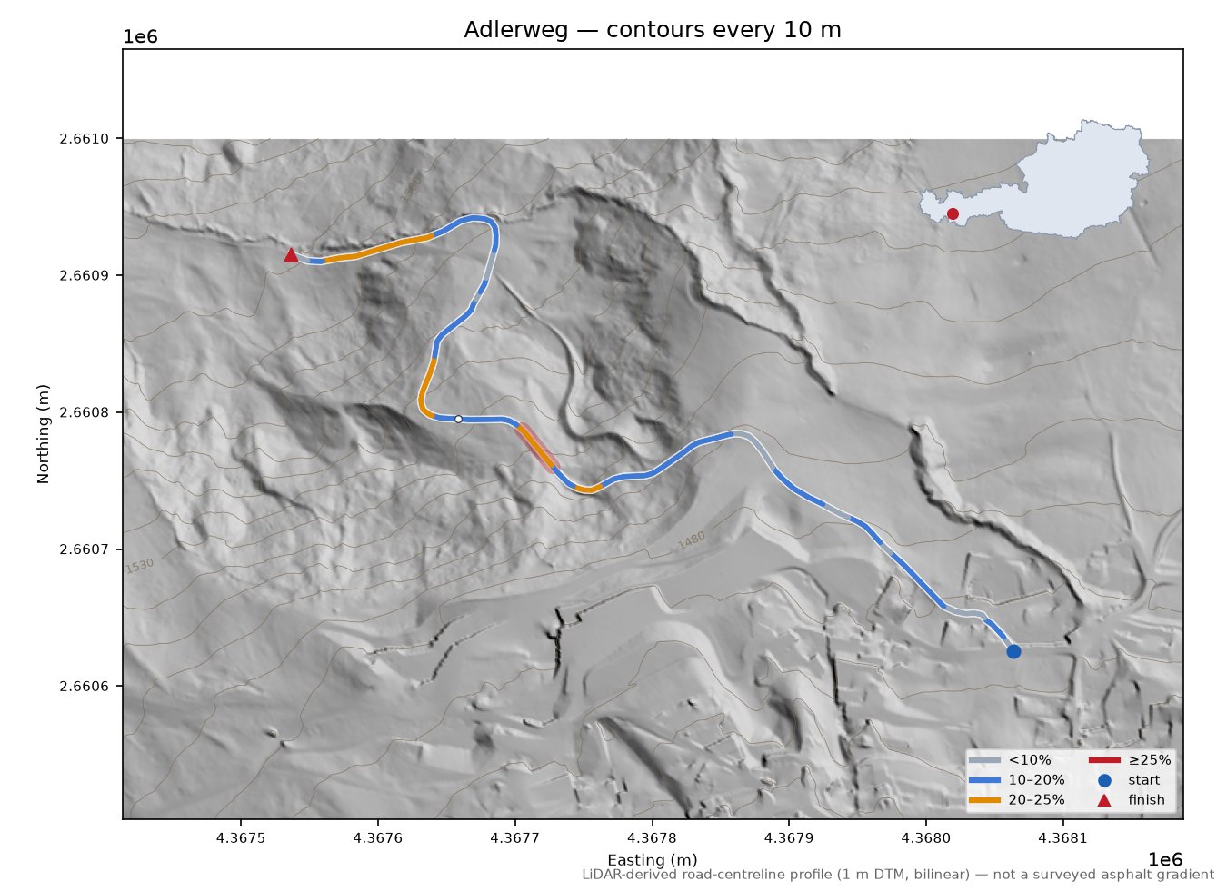 Adlerweg LiDAR hillshade map with contours