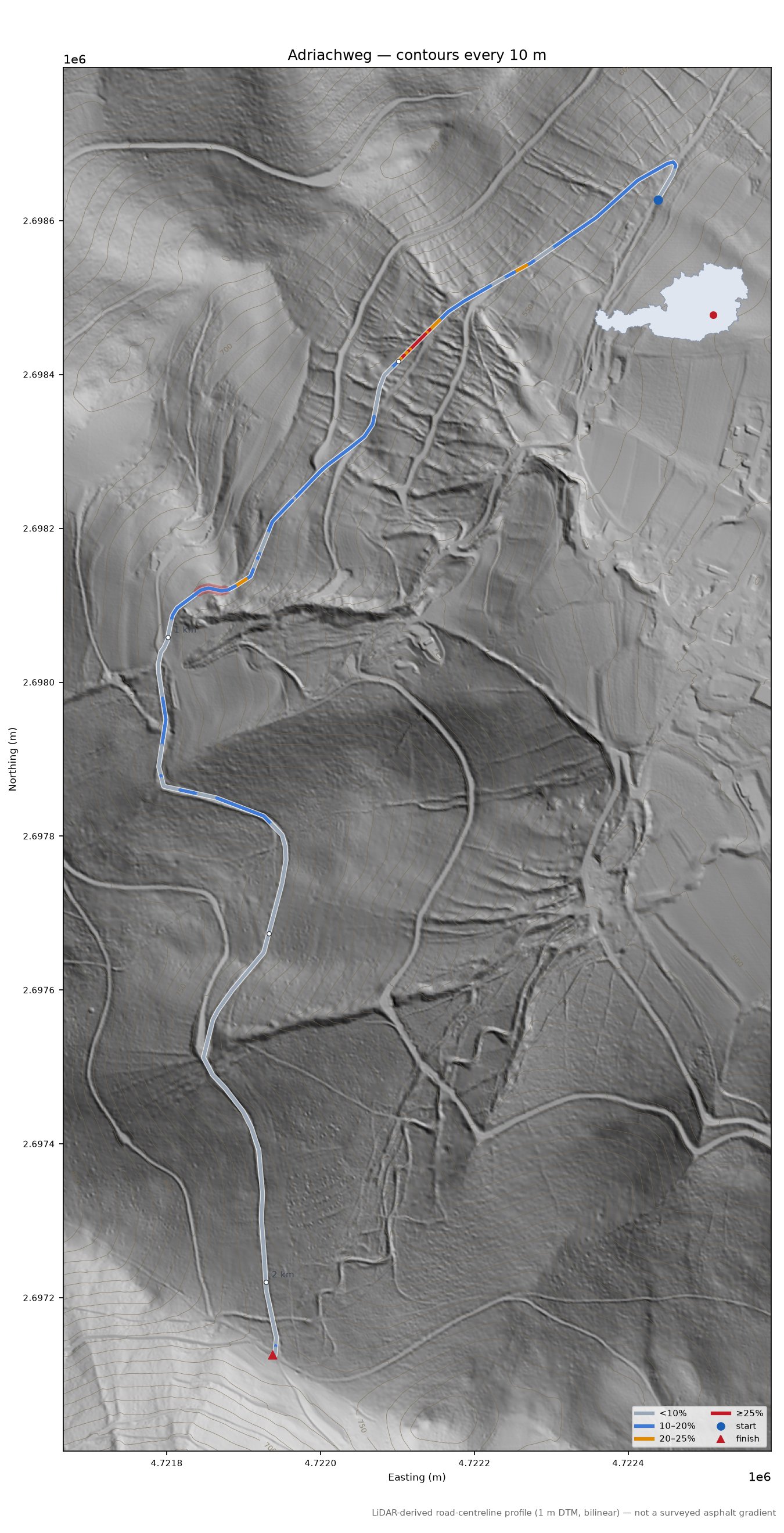 Adriachweg LiDAR hillshade map with contours