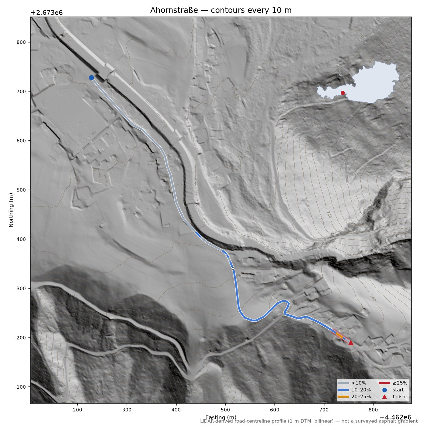 Ahornstraße LiDAR hillshade map with contours