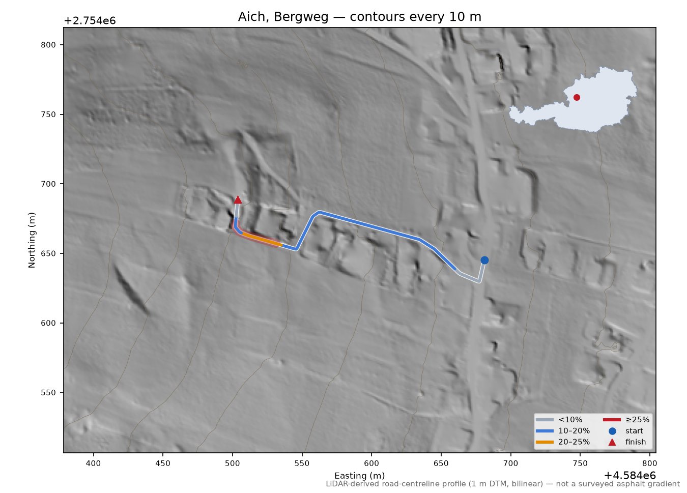 Aich, Bergweg LiDAR hillshade map with contours