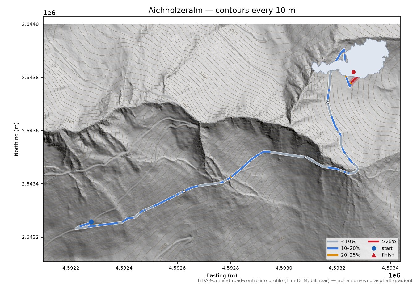 Aichholzeralm LiDAR hillshade map with contours