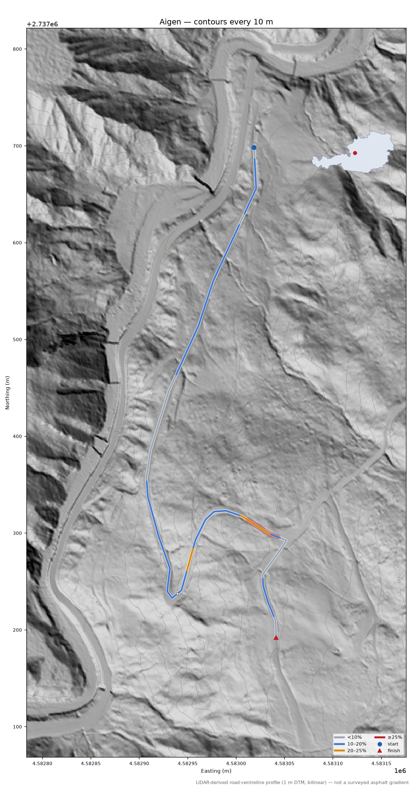 Aigen LiDAR hillshade map with contours