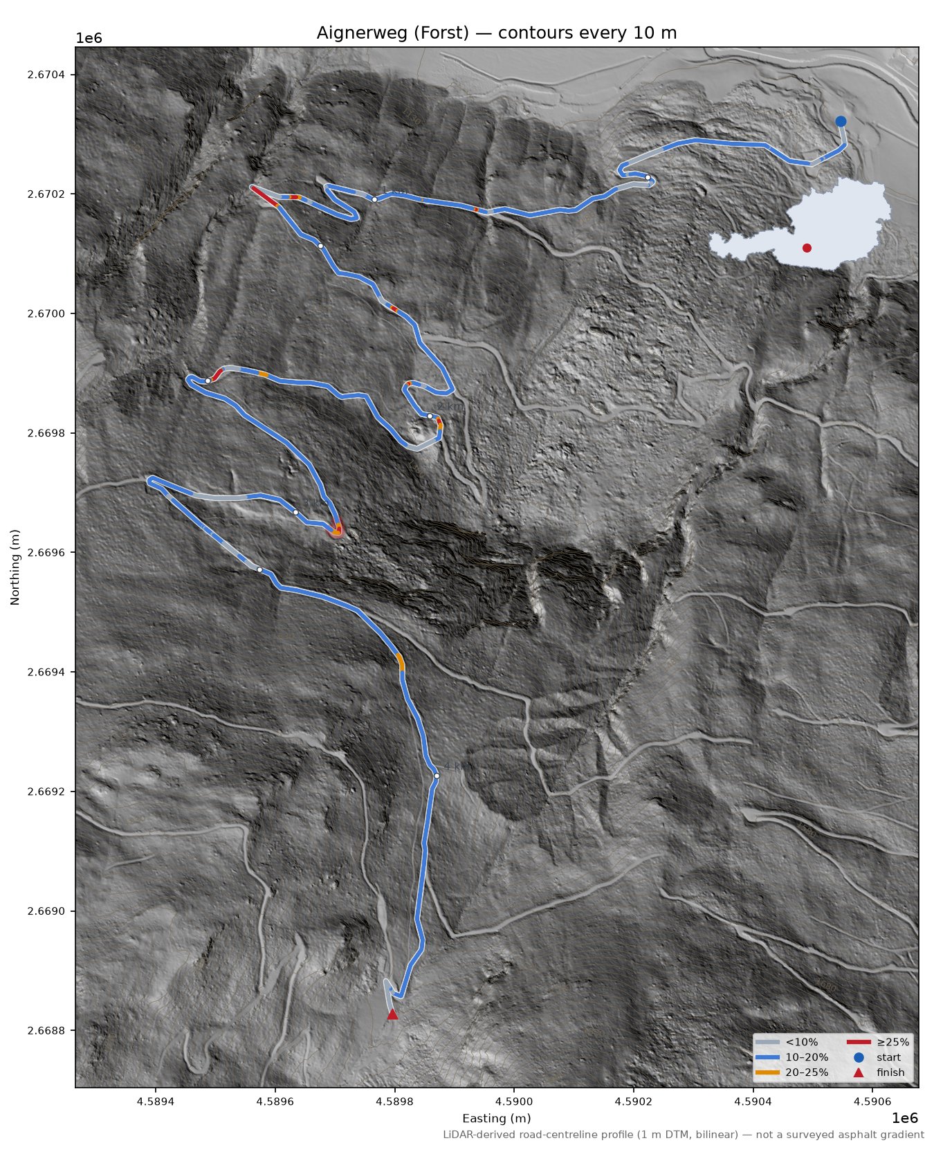 Aignerweg (Forst) LiDAR hillshade map with contours