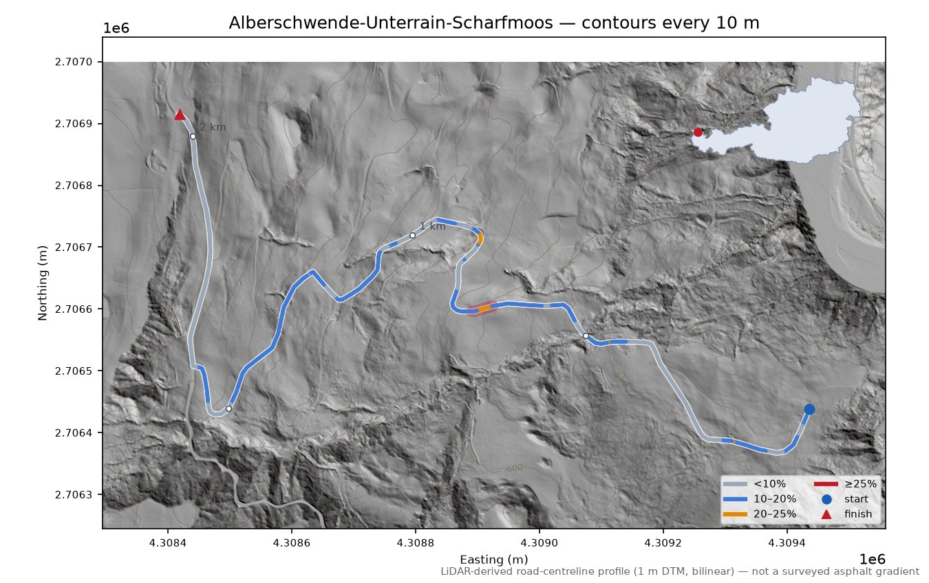 Alberschwende-Unterrain-Scharfmoos LiDAR hillshade map with contours
