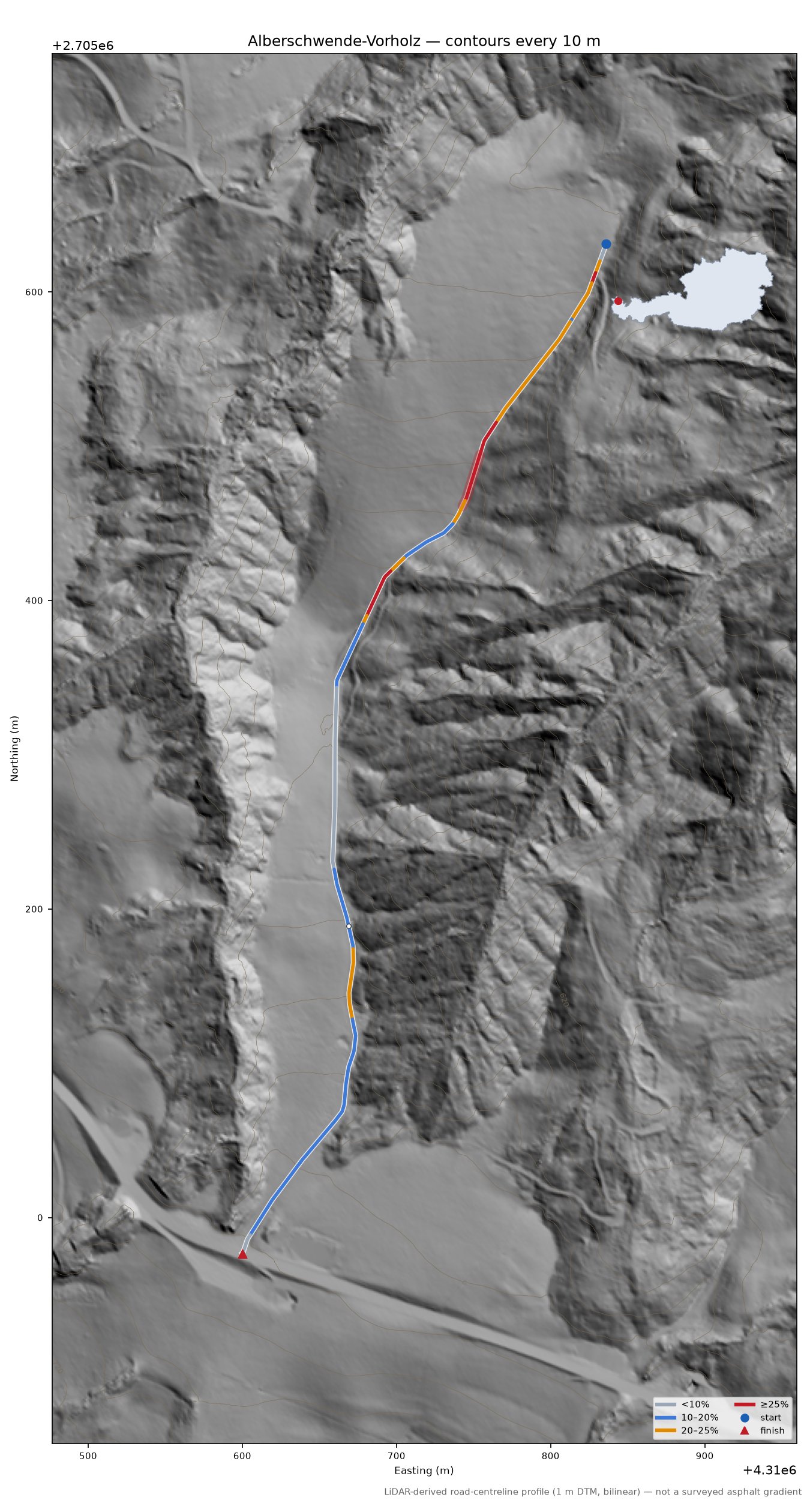 Alberschwende-Vorholz LiDAR hillshade map with contours