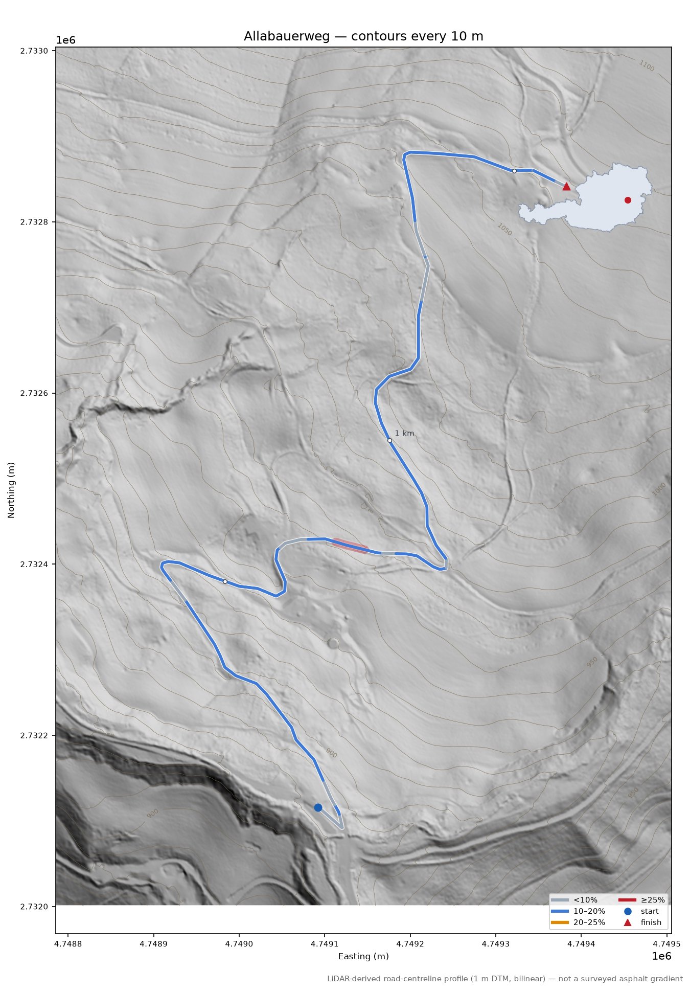 Allabauerweg LiDAR hillshade map with contours