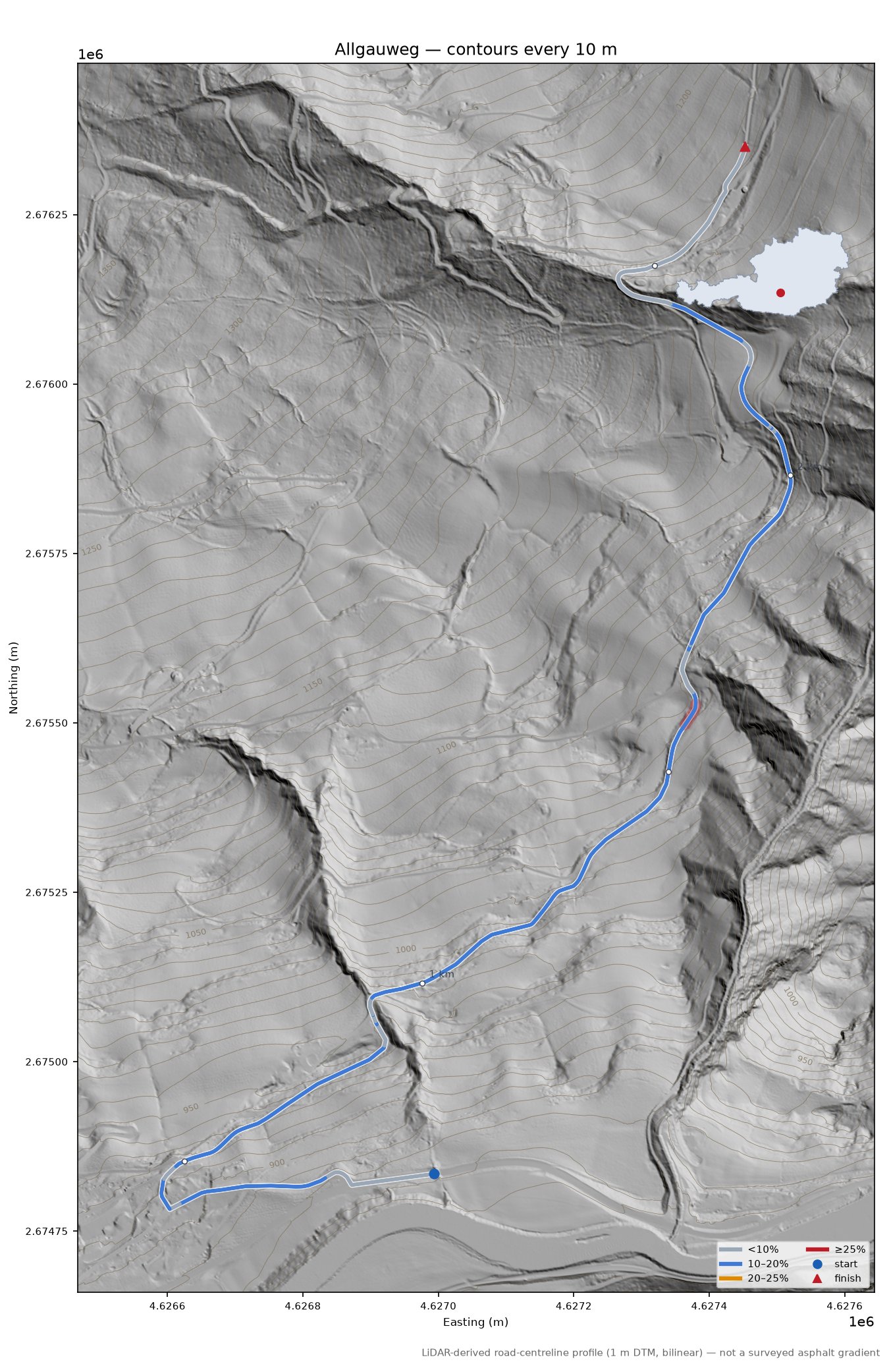 Allgauweg LiDAR hillshade map with contours