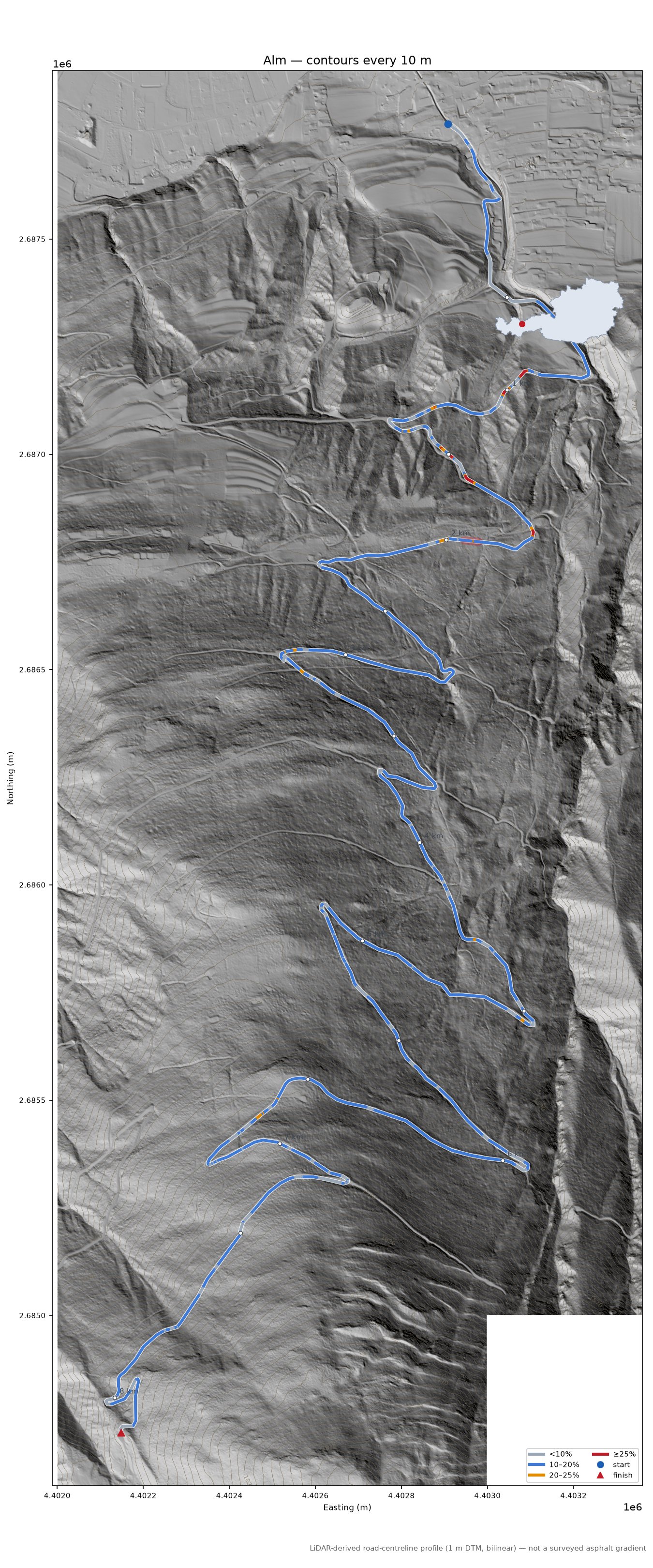 Alm LiDAR hillshade map with contours
