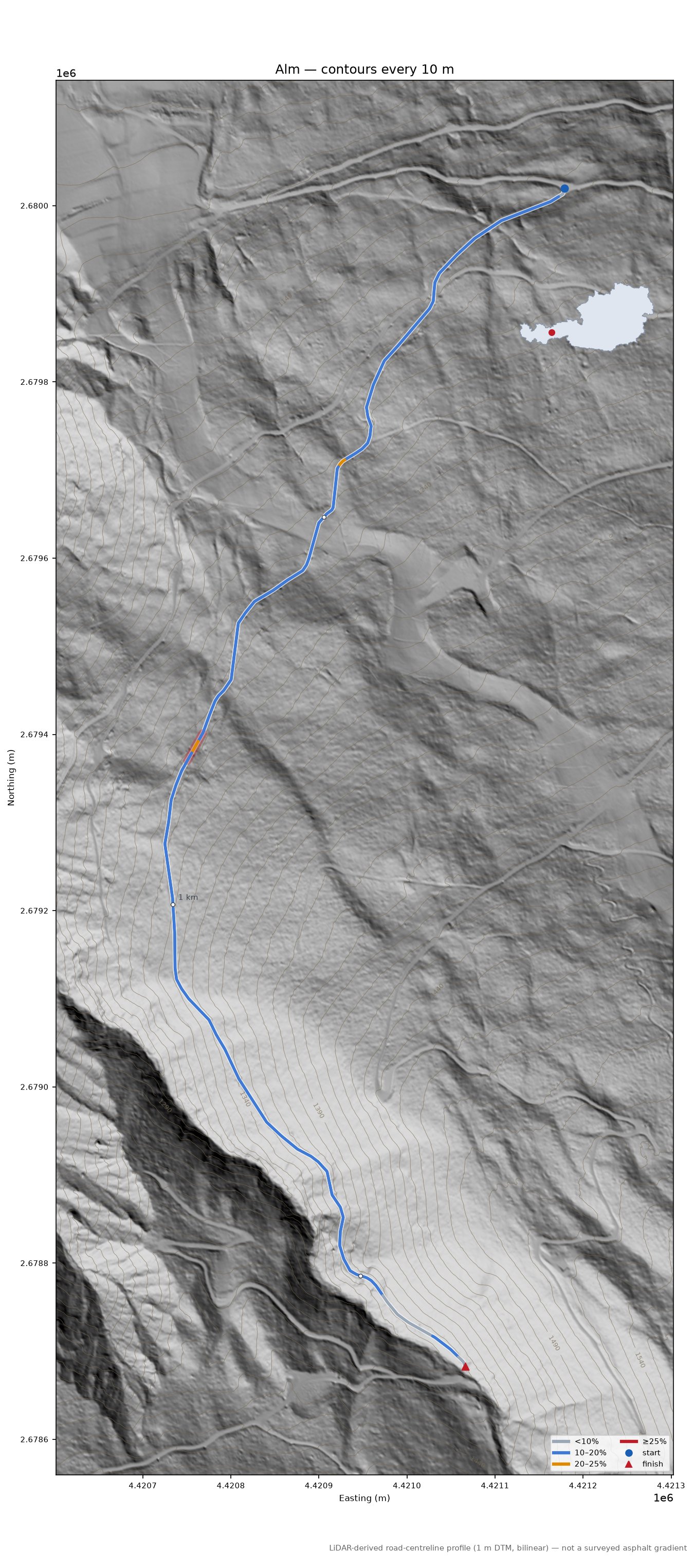 Alm LiDAR hillshade map with contours