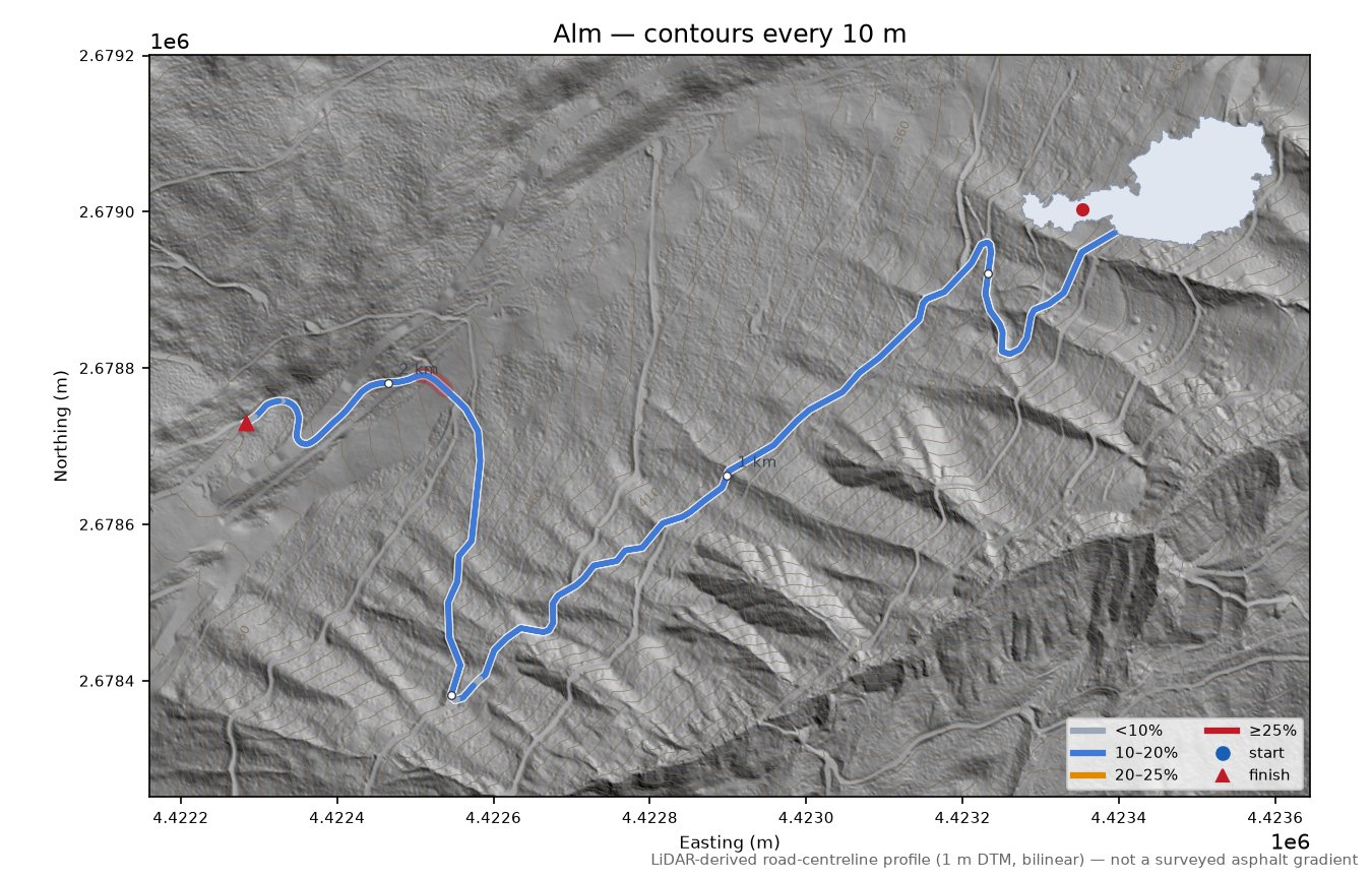 Alm LiDAR hillshade map with contours