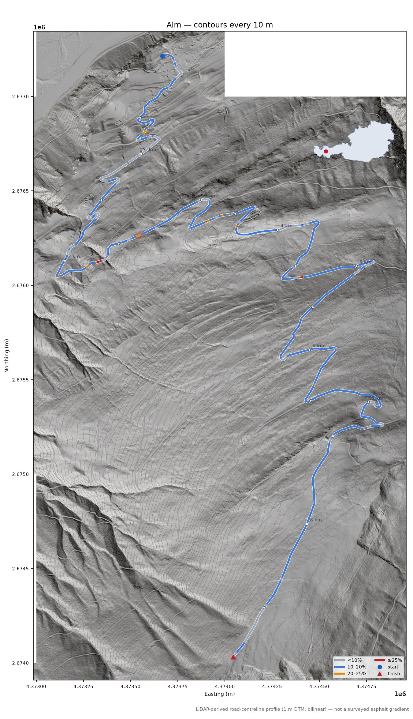 Alm LiDAR hillshade map with contours