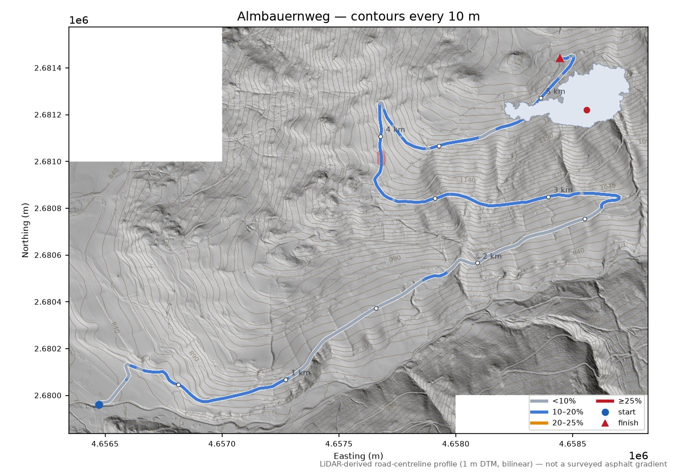 Almbauernweg LiDAR hillshade map with contours
