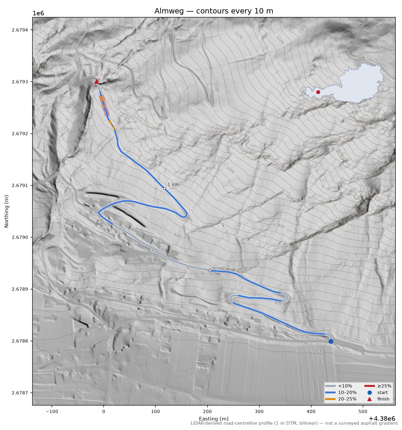 Almweg LiDAR hillshade map with contours