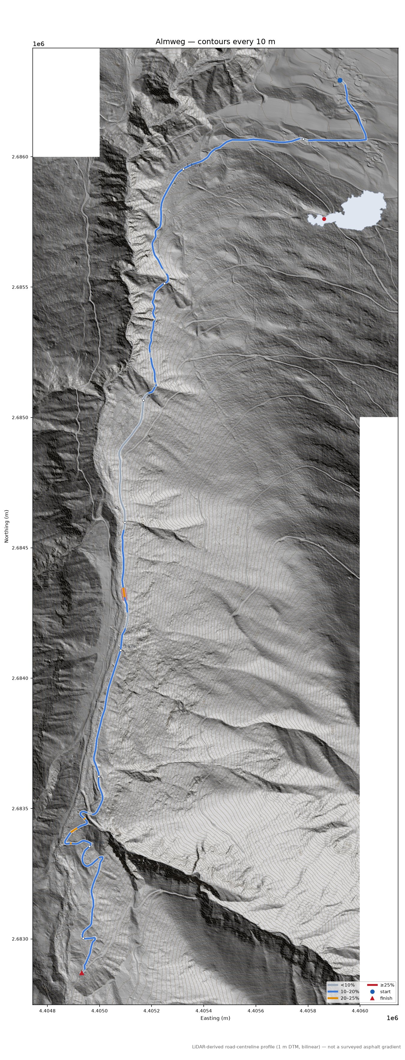 Almweg LiDAR hillshade map with contours