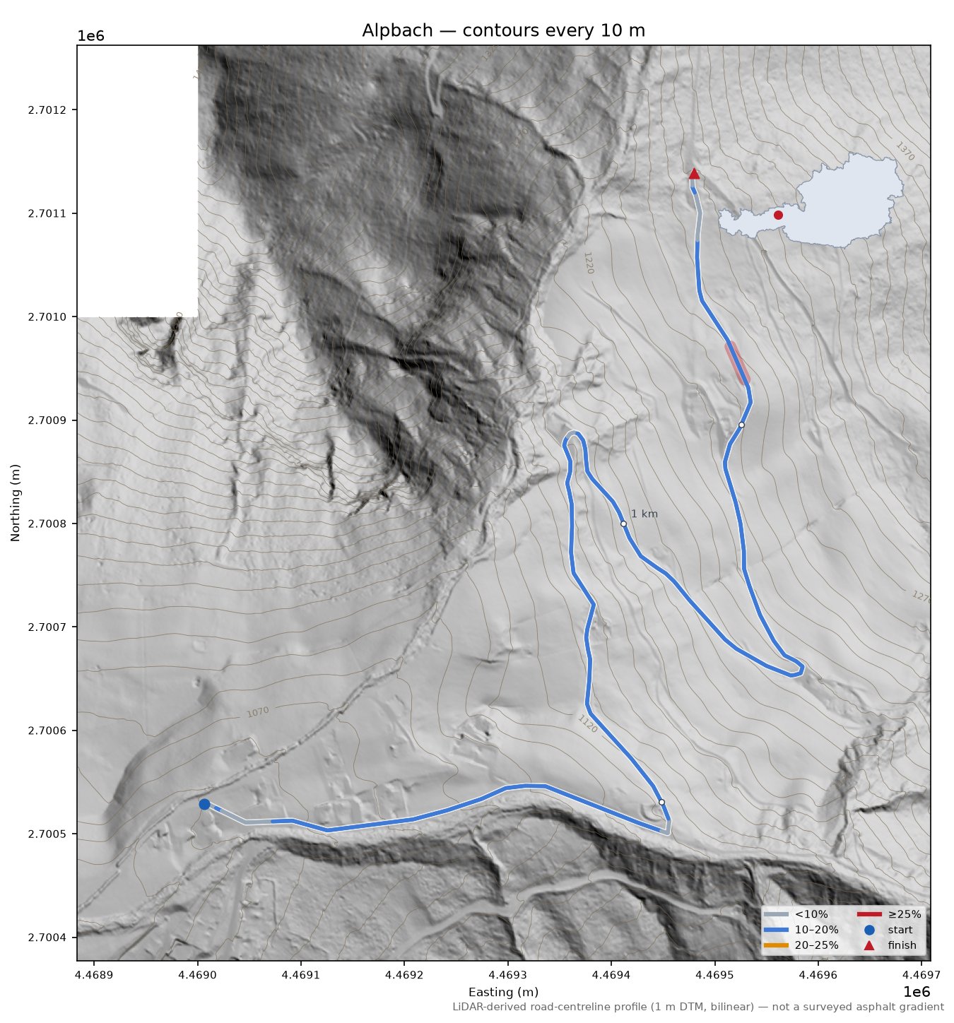 Alpbach LiDAR hillshade map with contours