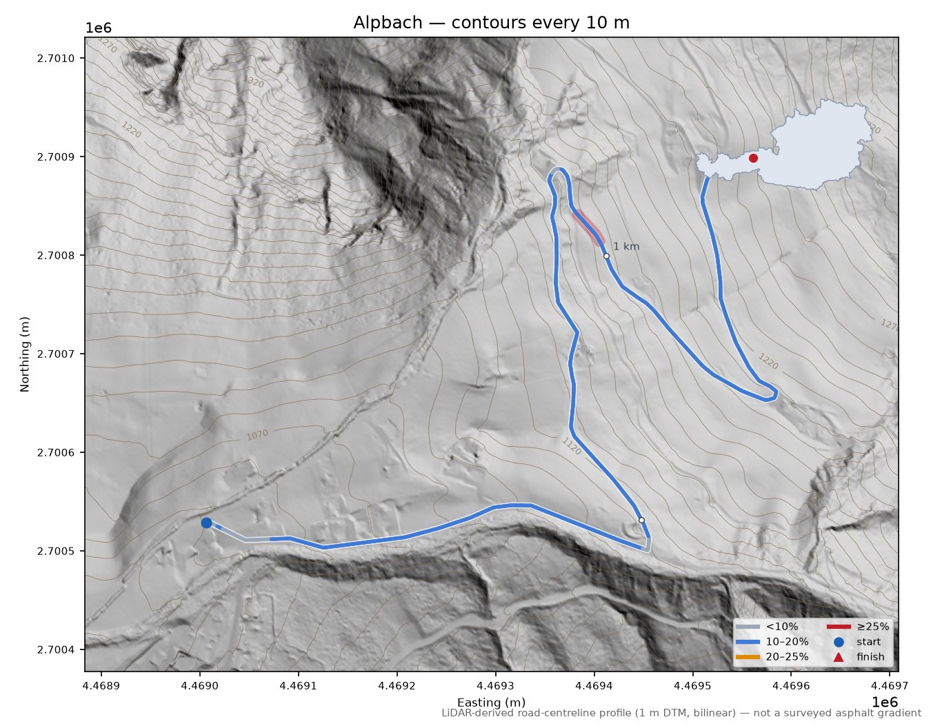 Alpbach LiDAR hillshade map with contours