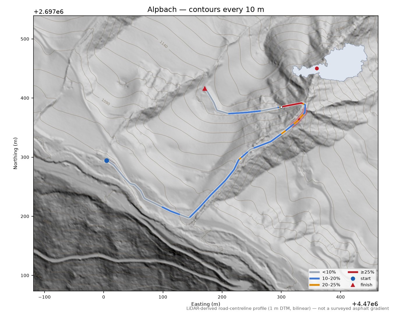 Alpbach LiDAR hillshade map with contours