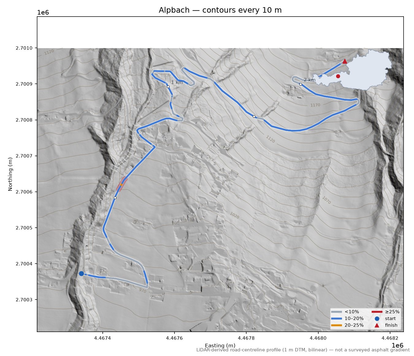 Alpbach LiDAR hillshade map with contours