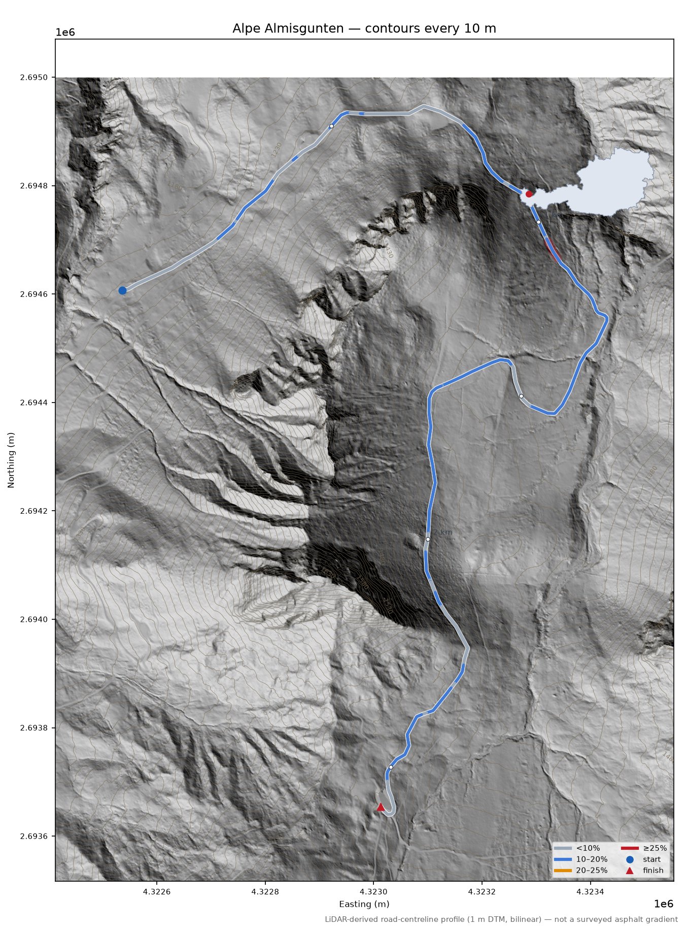 Alpe Almisgunten LiDAR hillshade map with contours