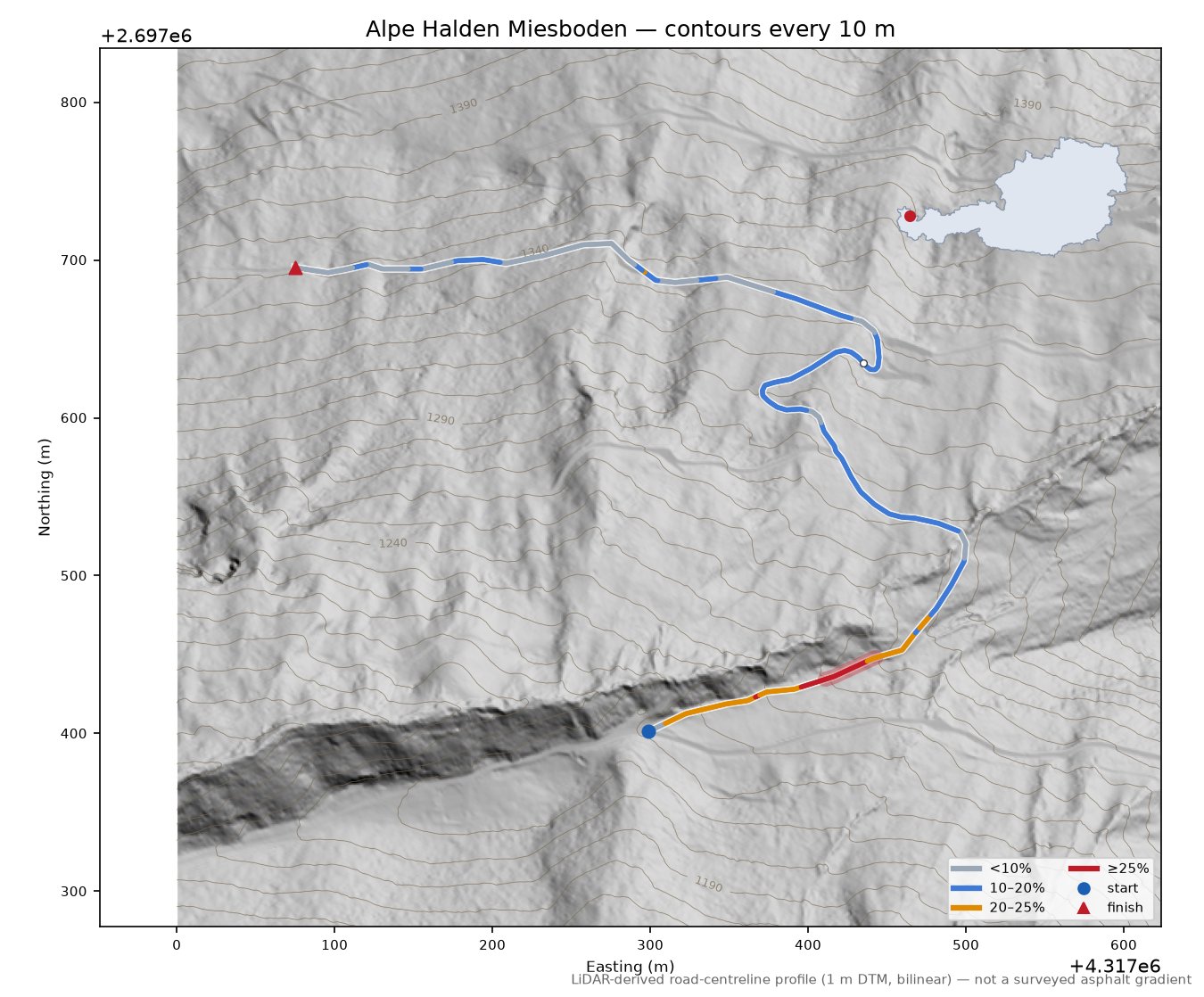 Alpe Halden Miesboden LiDAR hillshade map with contours
