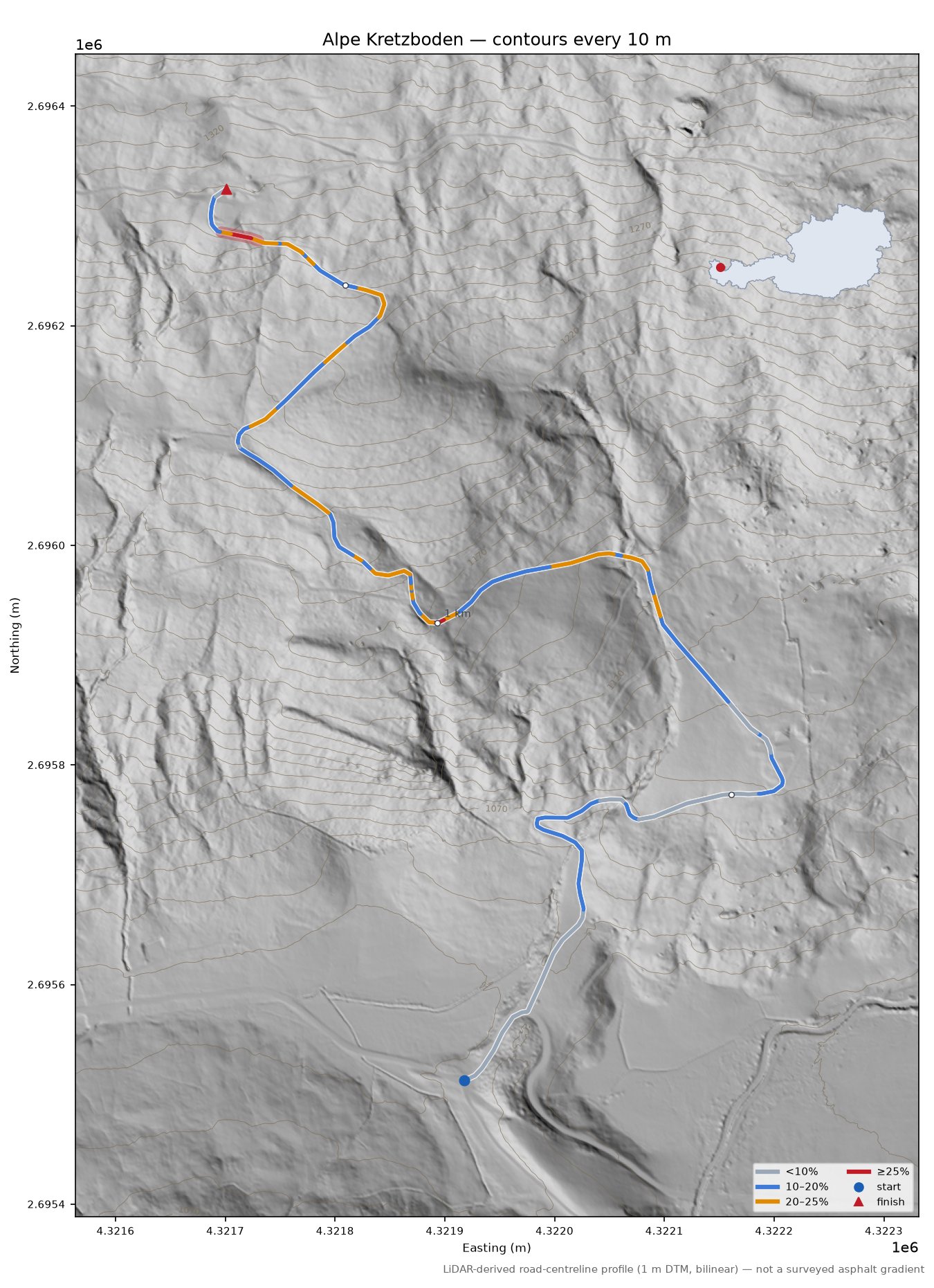 Alpe Kretzboden LiDAR hillshade map with contours