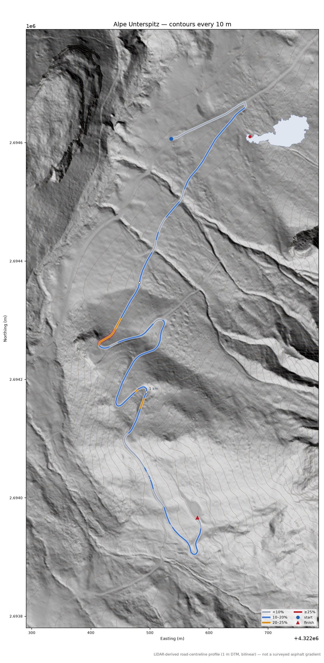 Alpe Unterspitz LiDAR hillshade map with contours