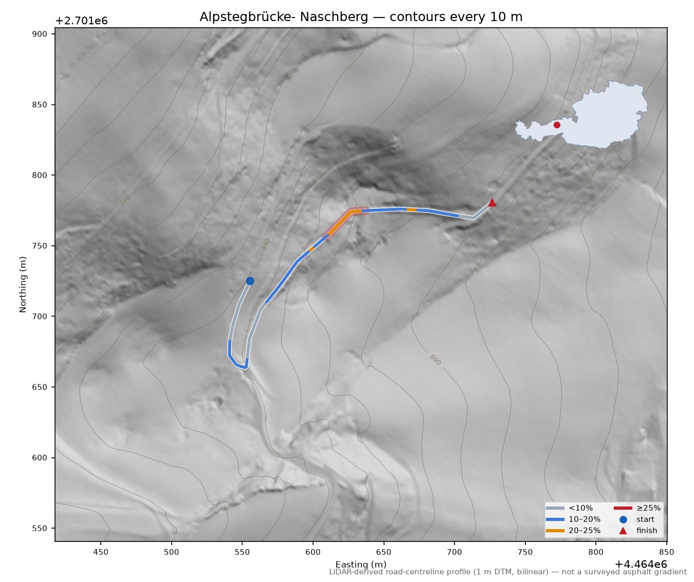 Alpstegbrücke- Naschberg LiDAR hillshade map with contours