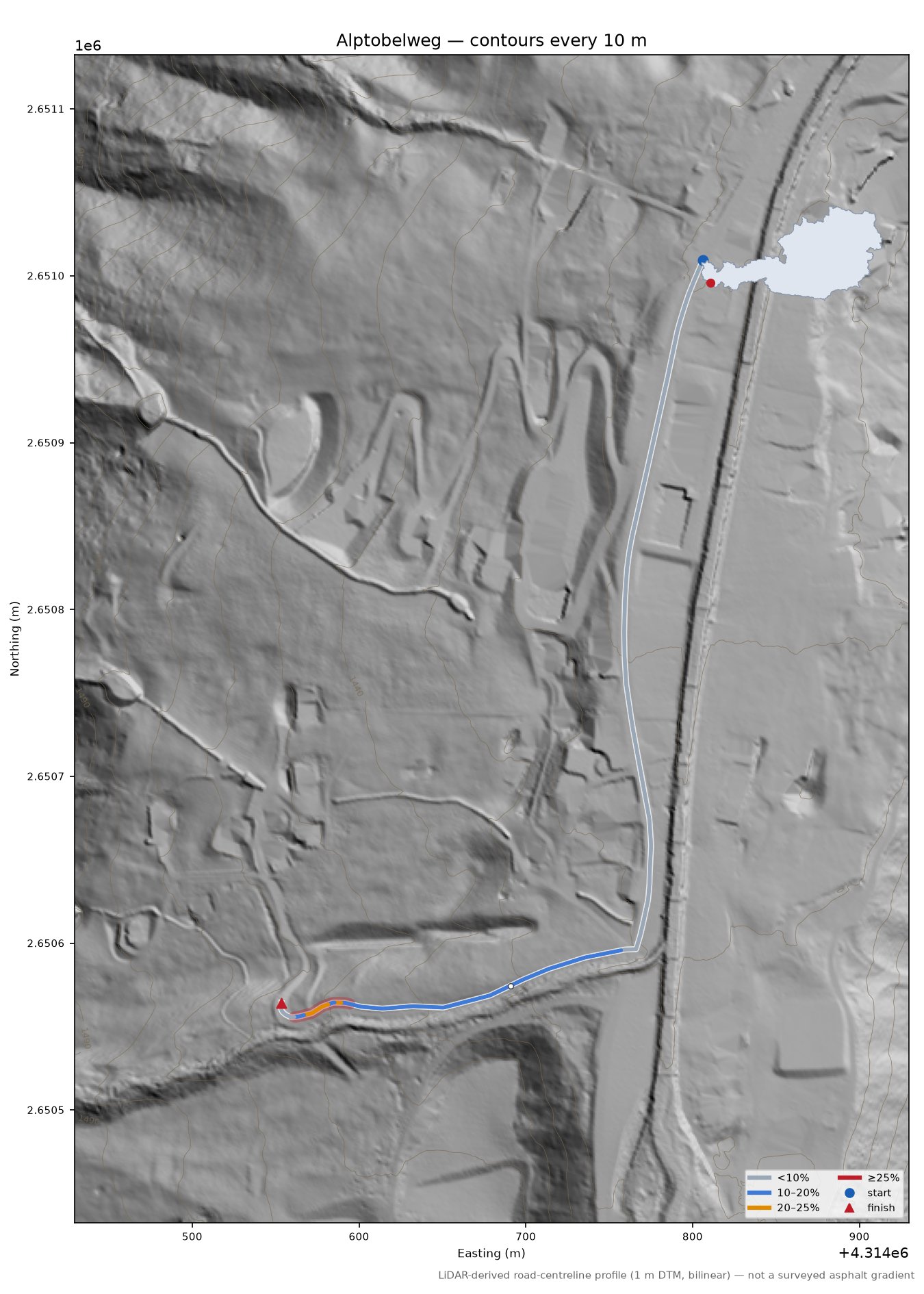 Alptobelweg LiDAR hillshade map with contours