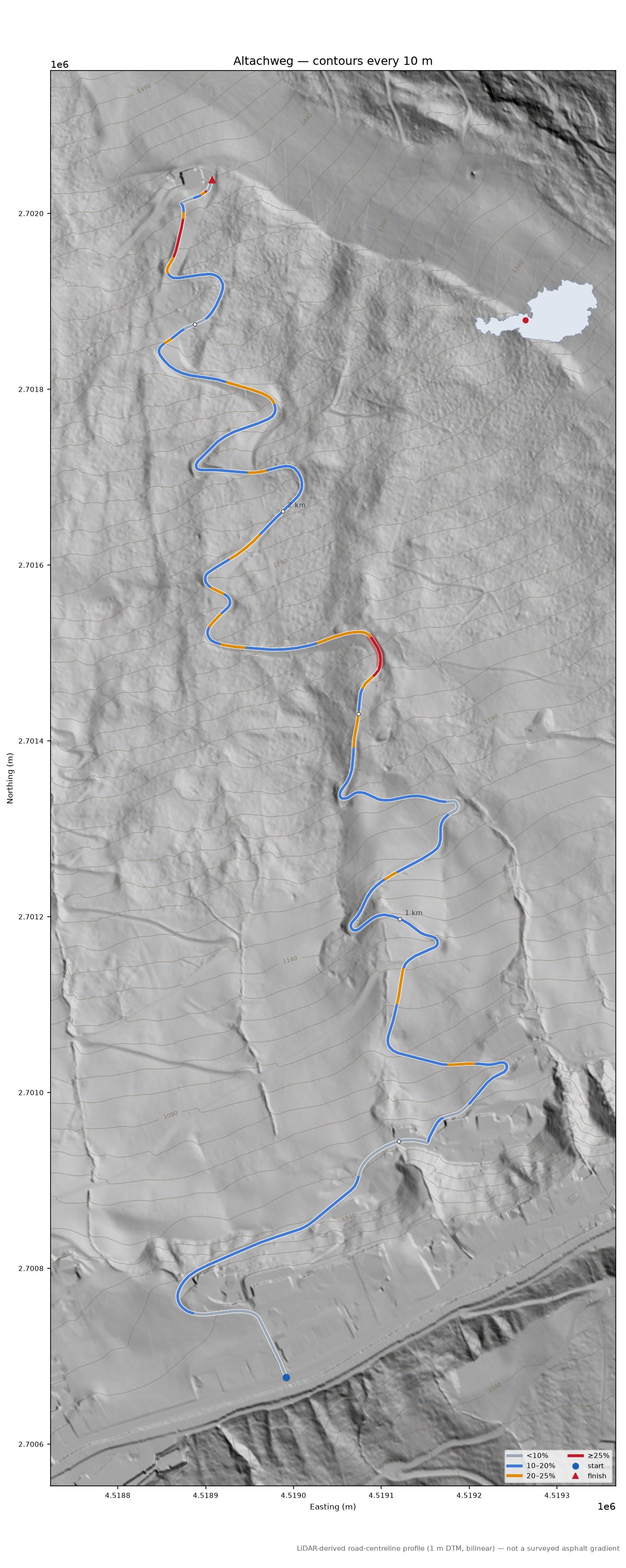 Altachweg LiDAR hillshade map with contours