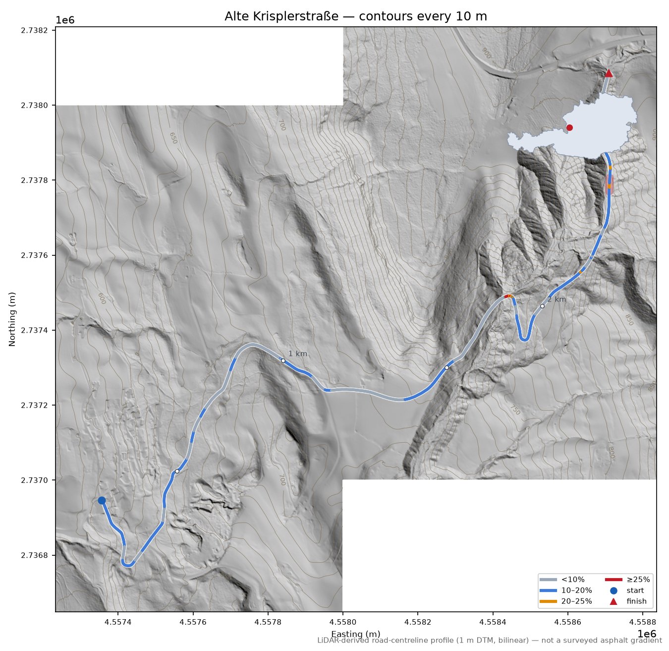Alte Krisplerstraße LiDAR hillshade map with contours