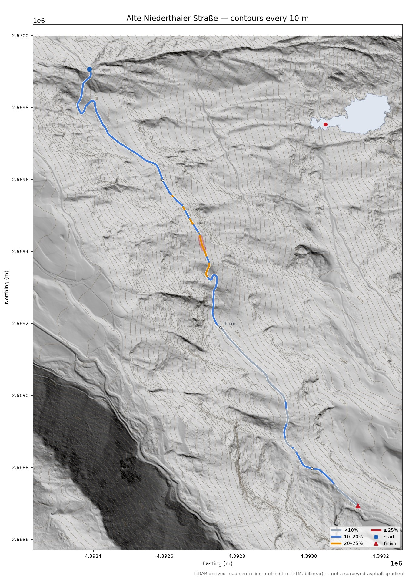 Alte Niederthaier Straße LiDAR hillshade map with contours