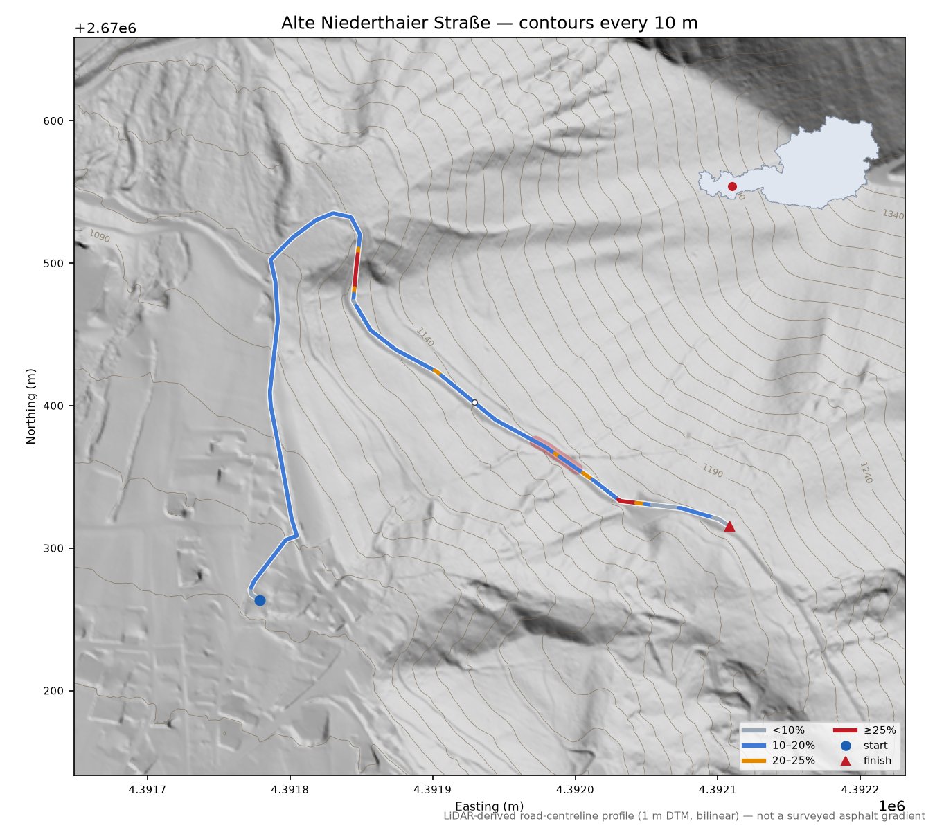Alte Niederthaier Straße LiDAR hillshade map with contours