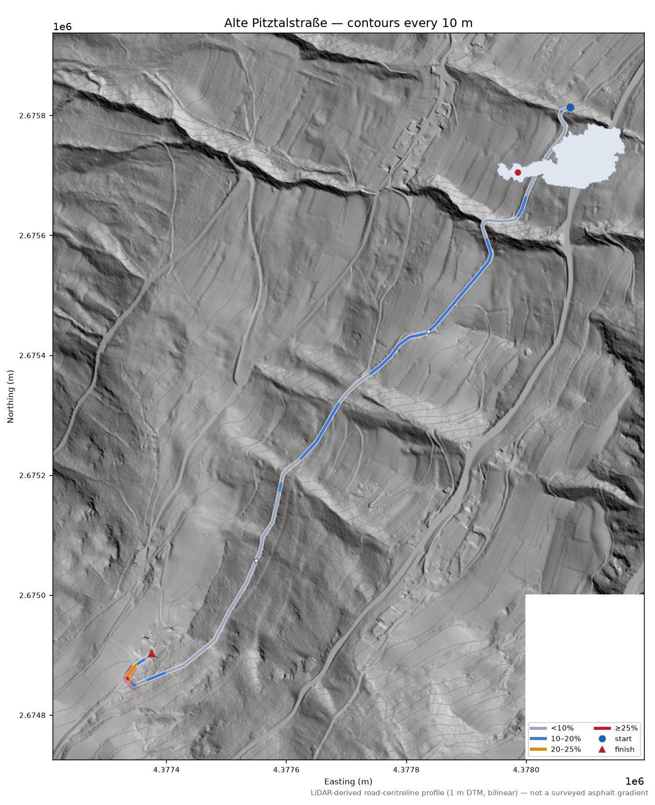 Alte Pitztalstraße LiDAR hillshade map with contours