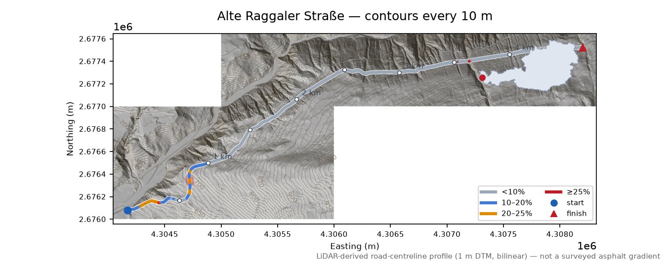 Alte Raggaler Straße LiDAR hillshade map with contours