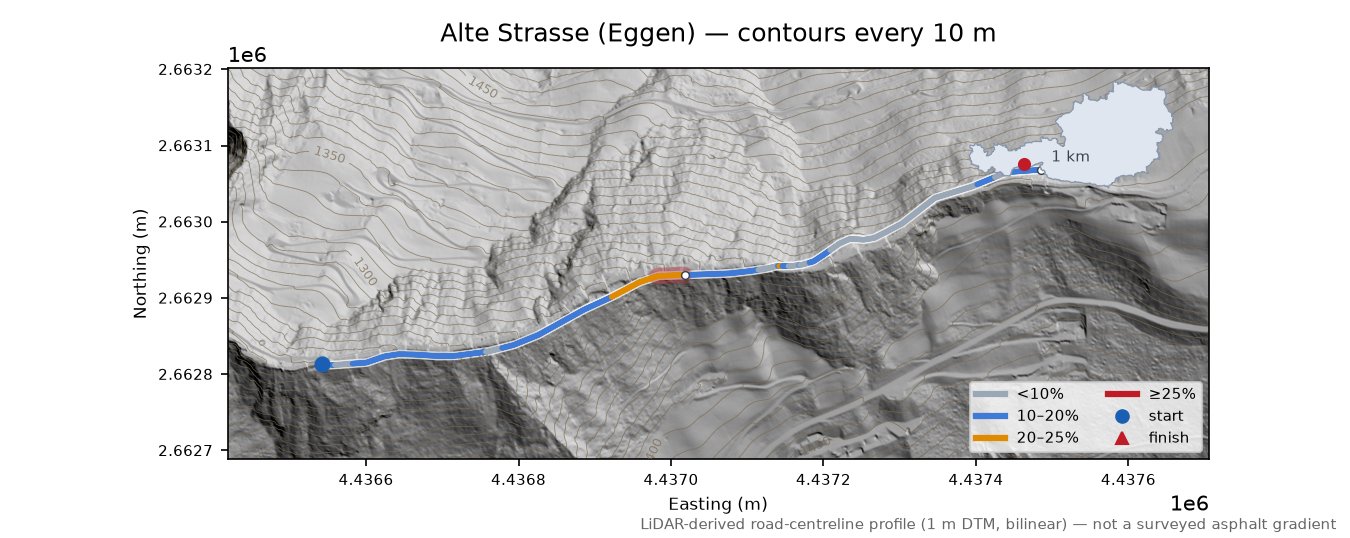 Alte Strasse (Eggen) LiDAR hillshade map with contours