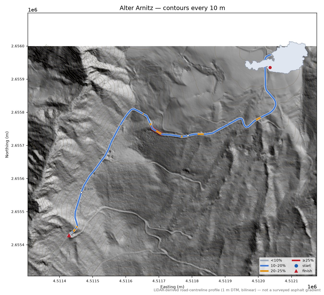 Alter Arnitz LiDAR hillshade map with contours