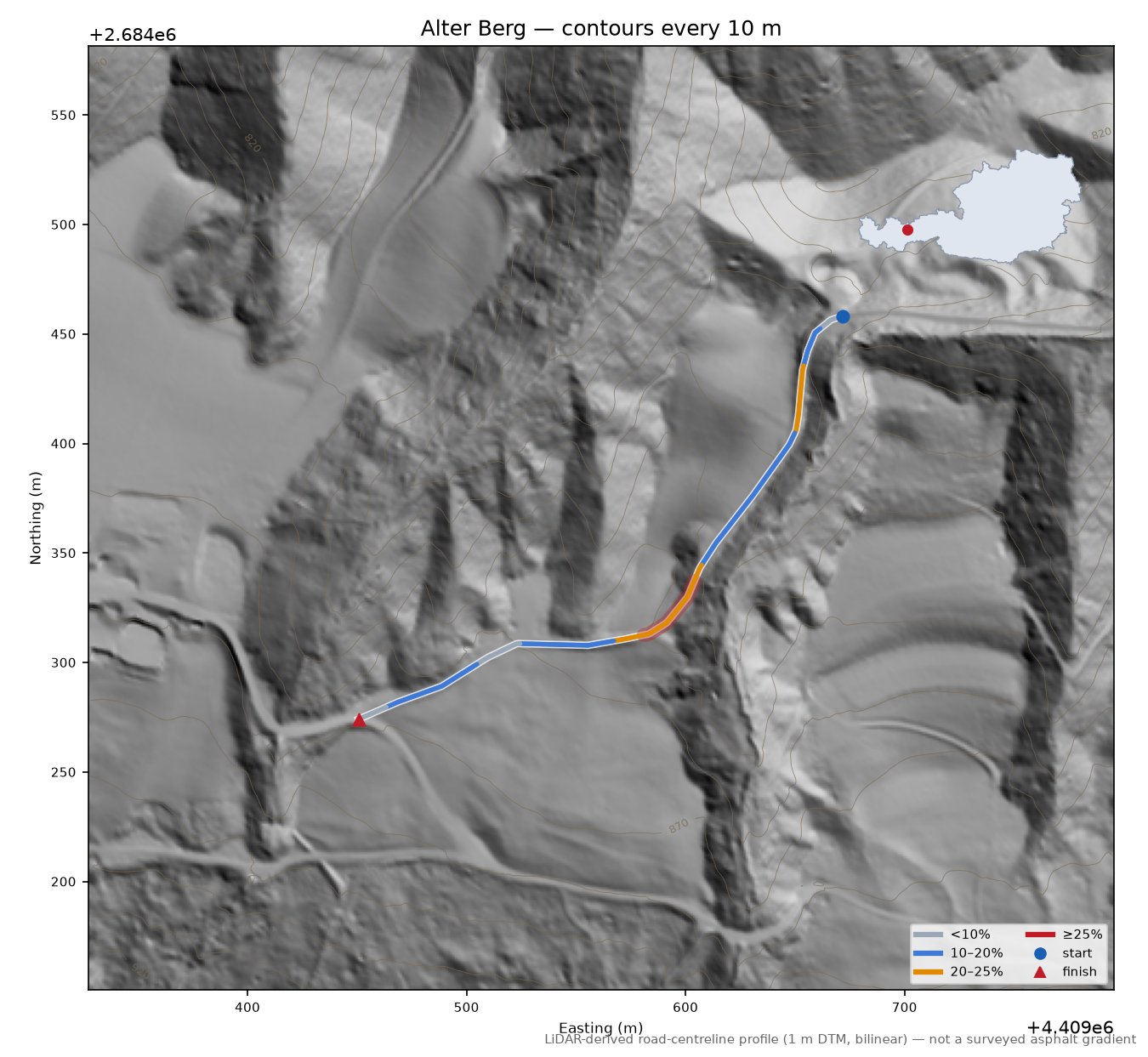 Alter Berg LiDAR hillshade map with contours