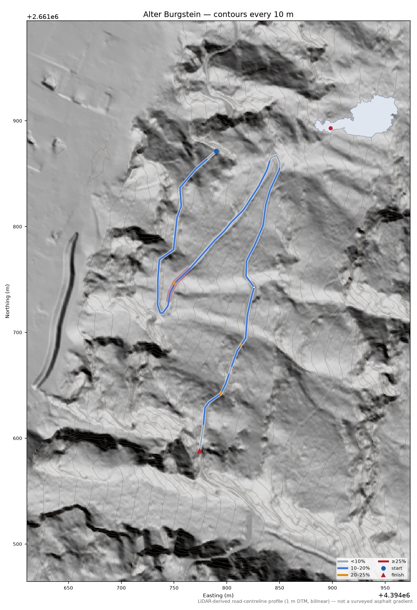 Alter Burgstein LiDAR hillshade map with contours