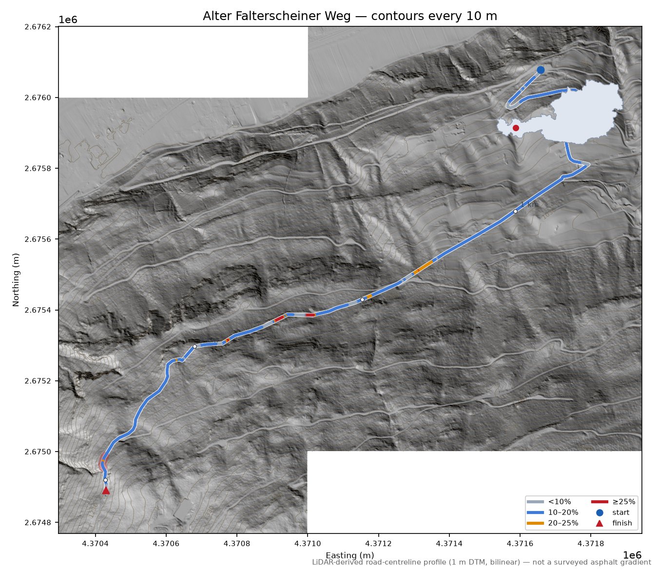 Alter Falterscheiner Weg LiDAR hillshade map with contours